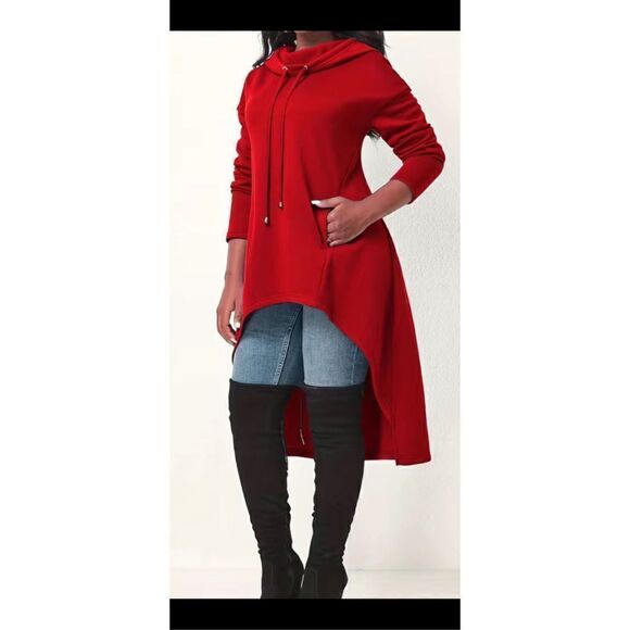 🔥Red High-low casual hoodie, long sleeve drawstring sweatshirt, size Lg/XL (14) - Picture 1 of 15